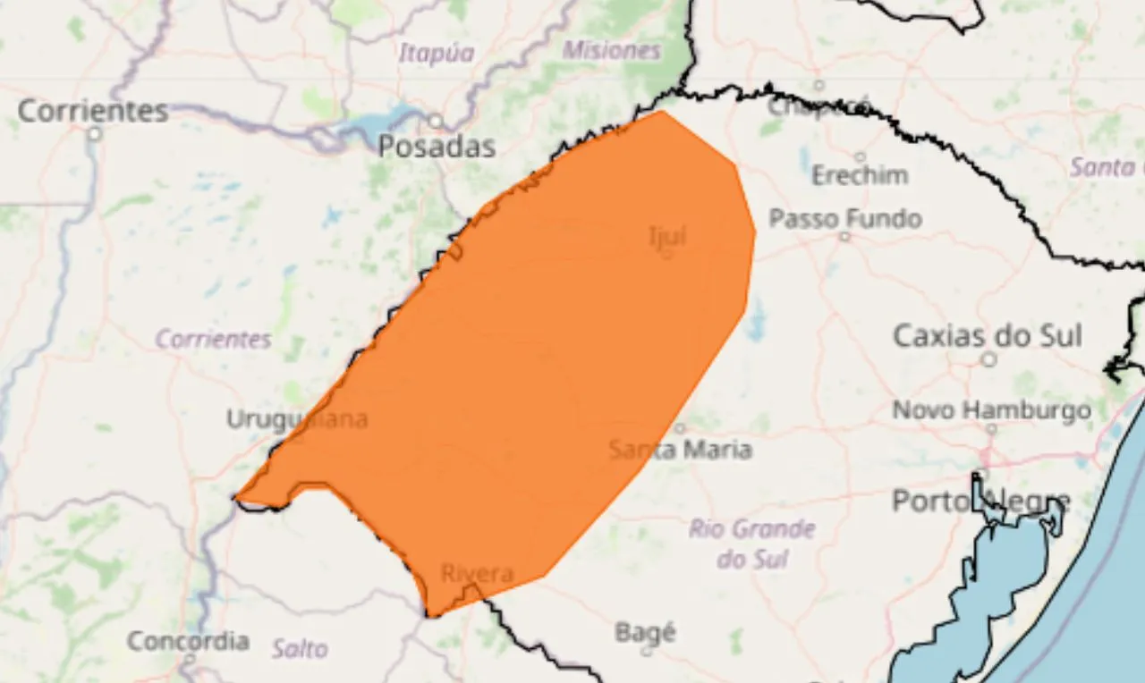 o mapa mostra as áreas em alerta para ventos fortes